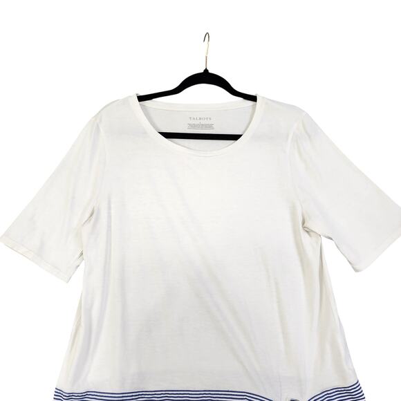 Talbots Womens Elbow Sleeve Tee Size Large White Blue Striped Hem Bow Tie Cotton - Picture 3 of 9